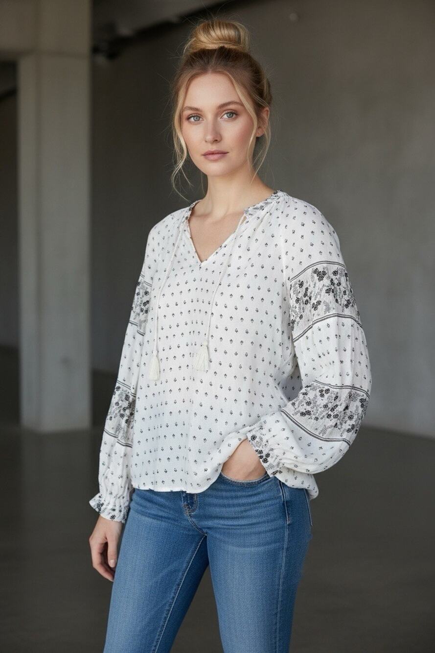 Lucky Brand Women's Long Sleeve Boho Peasant Blouse Size S Ditsy Floral V-Neck
